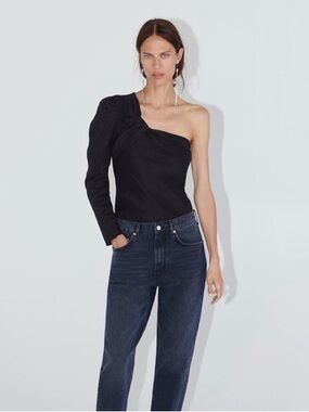 Zara Black One Shoulder Asymmetric Blouse Top